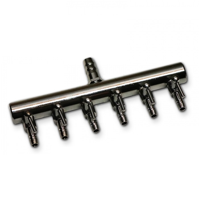 Rozdeľovač vzduchu Y 6-8mm, 6 x výstup na hadičku 4mm, Pochrómovaný