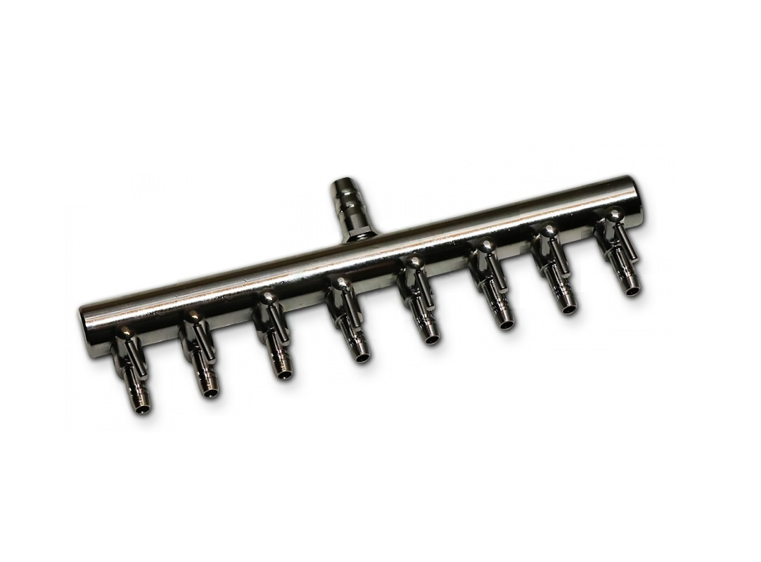 Rozdeľovač vzduchu Y 9mm, 8 x výstup na hadičku 4mm, Pochrómovaný